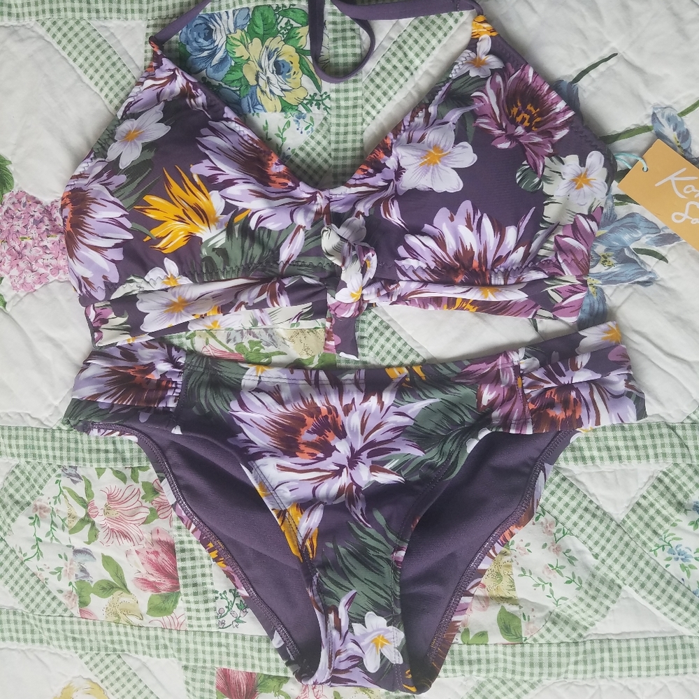 Kona Sol Bikini Set Purple Floral M top S bottom